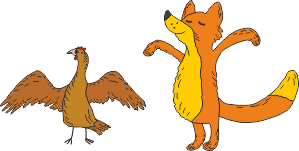 Fuchs und Huhn schauen nach links