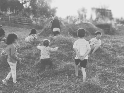 Kinder spielen im Heu