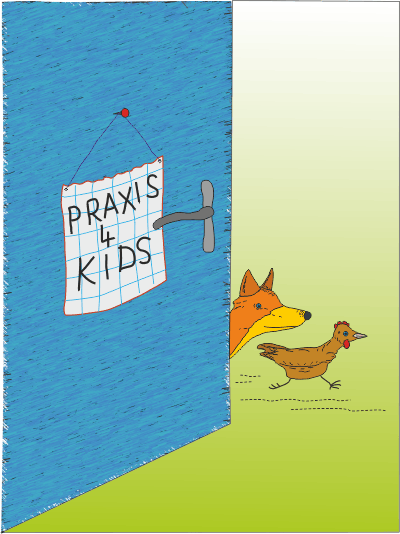 Fuchs und Huhn laufen hinter einer Tür hervor, an der das Schild Praxis4Kids aufgehängt ist